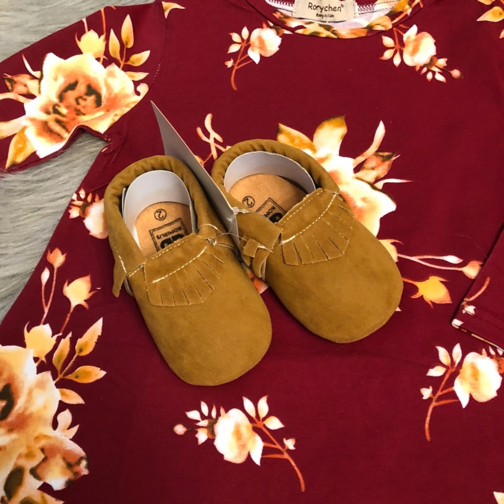 Adorable and trendy tan baby moccasins